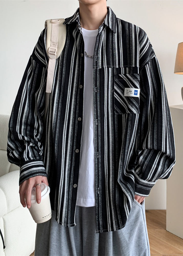 Black Striped Oversized Cotton Men Shirts Peter Pan Collar Spring