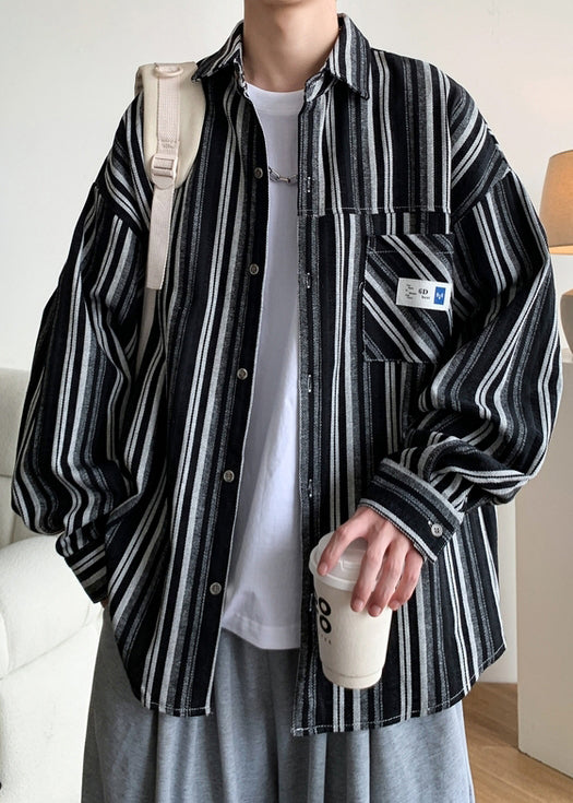 Black Striped Oversized Cotton Shirts Peter Pan Collar Spring