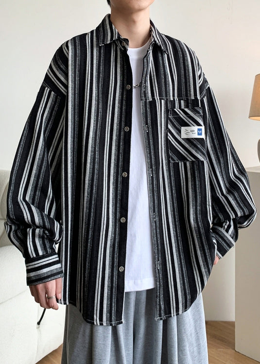 Black Striped Oversized Cotton Shirts Peter Pan Collar Spring