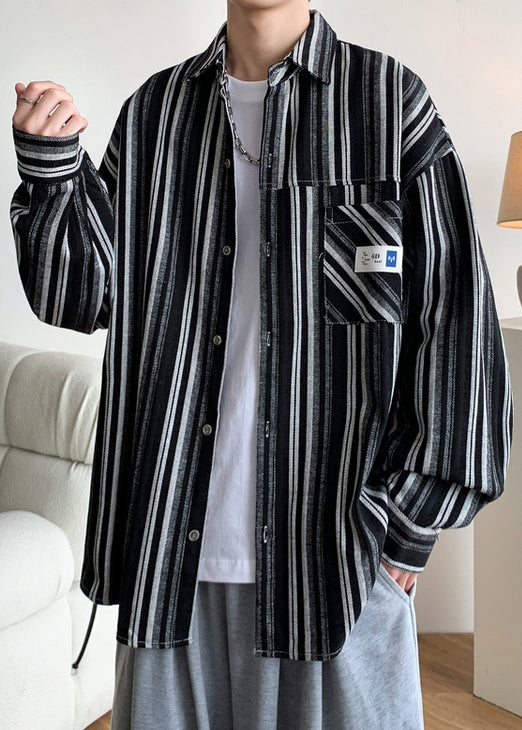 Black Striped Oversized Cotton Men Shirts Peter Pan Collar Spring