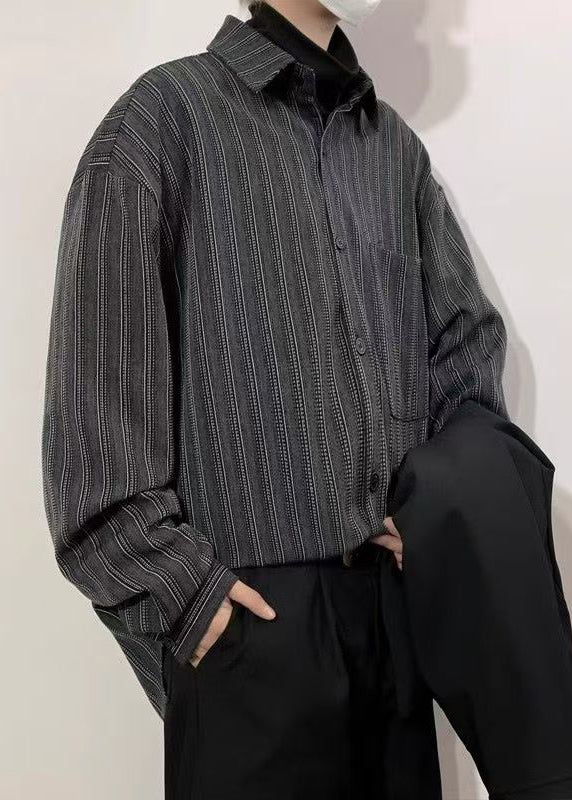 Black Striped Pockets Loose Cotton Men Shirts Peter Pan Collar Spring