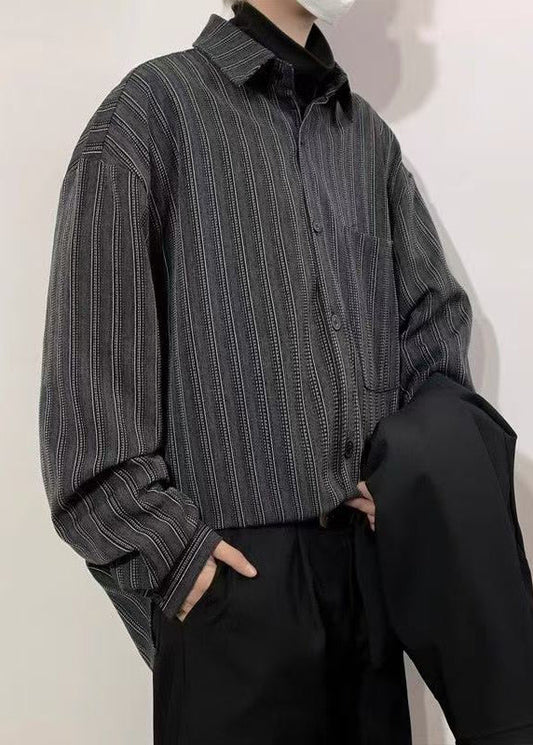 Black Striped Pockets Loose Cotton Men Shirts Peter Pan Collar Spring
