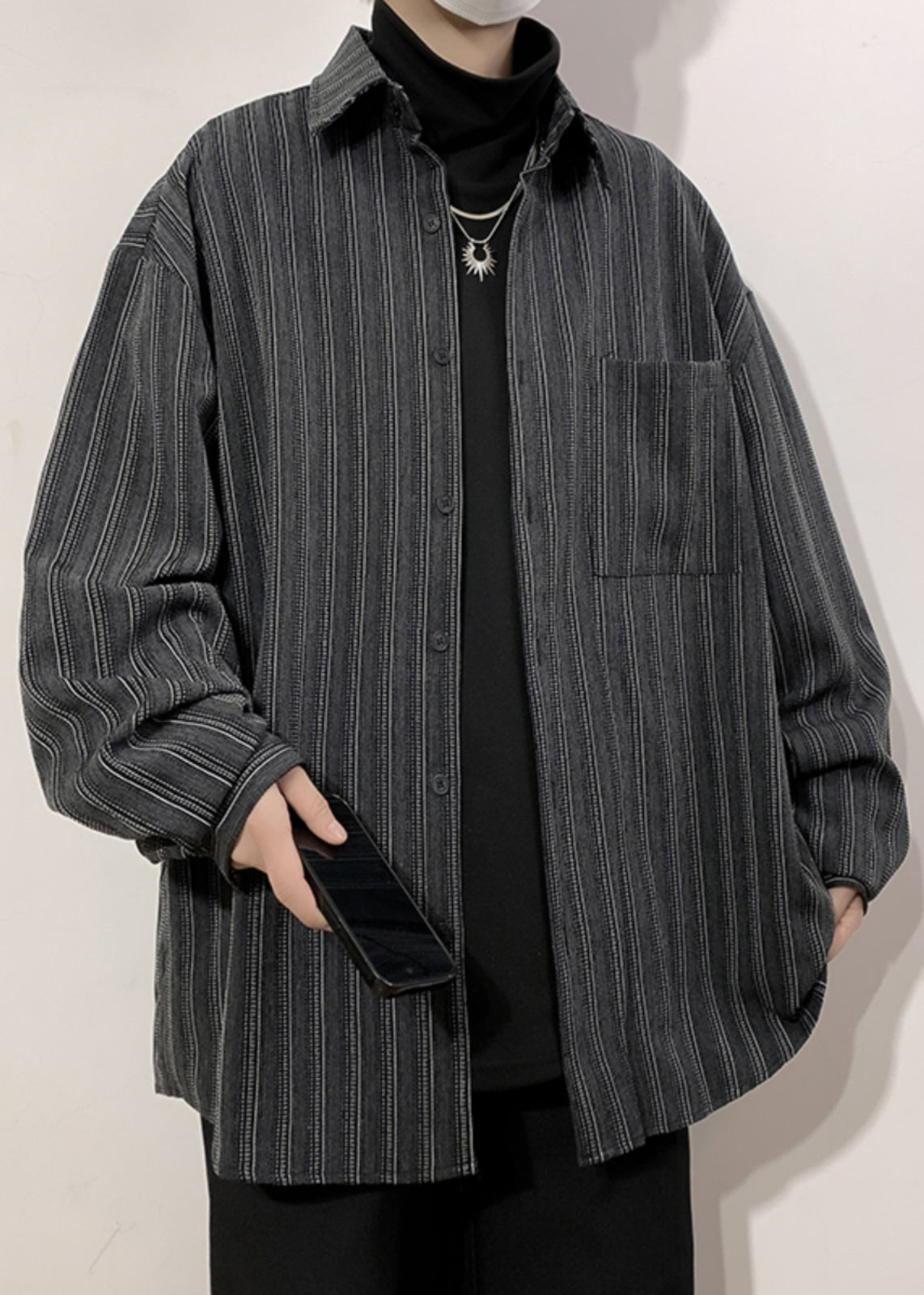 Black Striped Pockets Loose Cotton Men Shirts Peter Pan Collar Spring