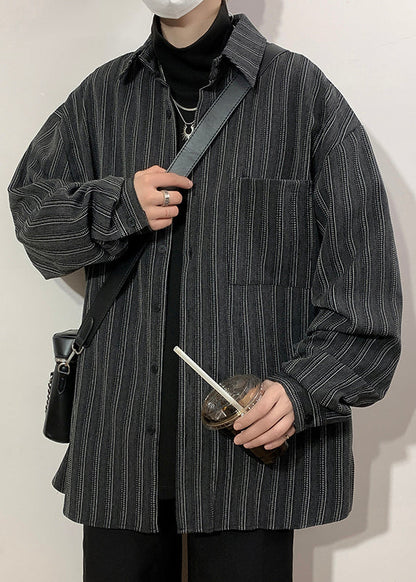 Black Striped Pockets Loose Cotton Men Shirts Peter Pan Collar Spring