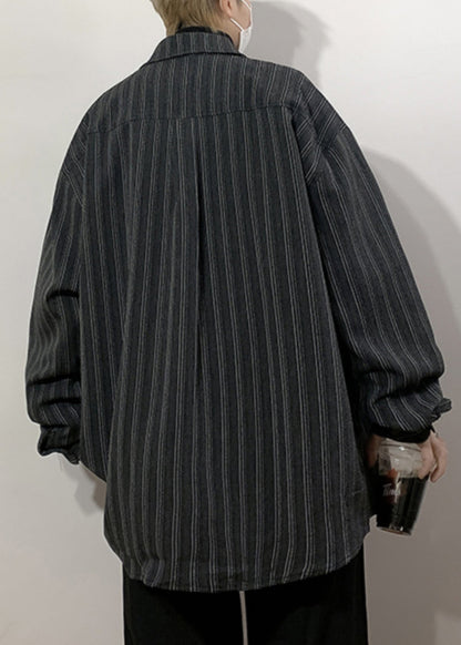 Black Striped Pockets Loose Cotton Men Shirts Peter Pan Collar Spring