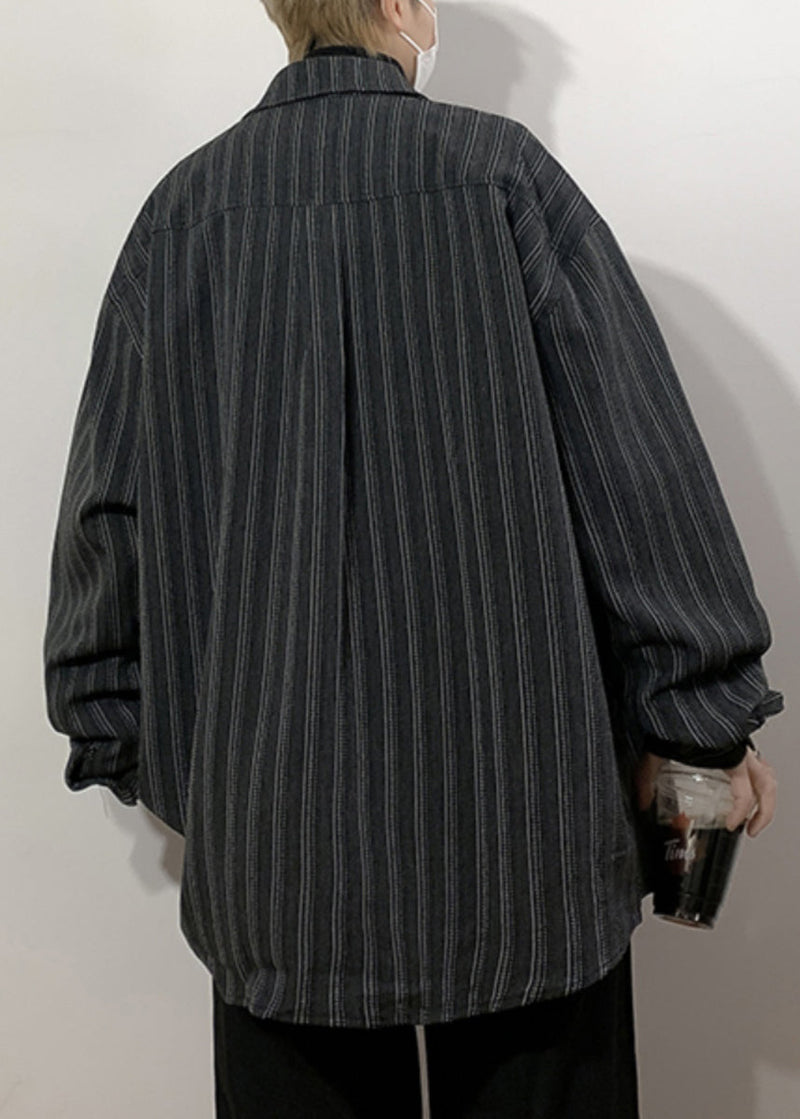 Black Striped Pockets Loose Cotton Shirts Peter Pan Collar Spring