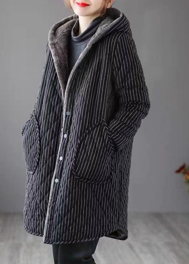 Black Striped Warm Fleece Parka Hooded Winter