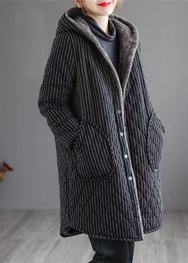 Black Striped Warm Fleece Parka Hooded Winter