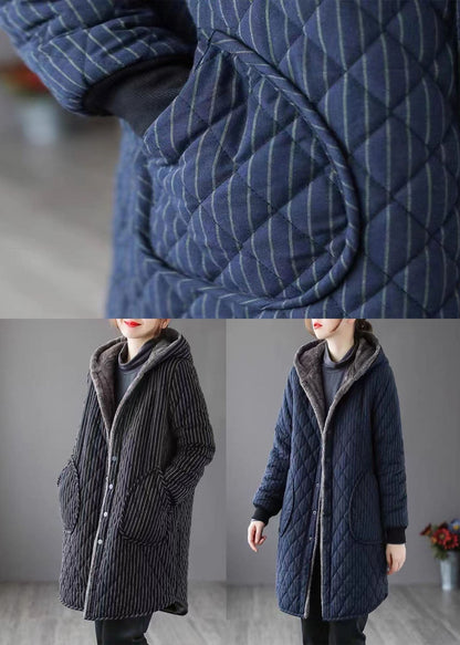 Black Striped Warm Fleece Parka Hooded Winter