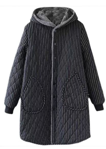 Black Striped Warm Fleece Parka Hooded Winter