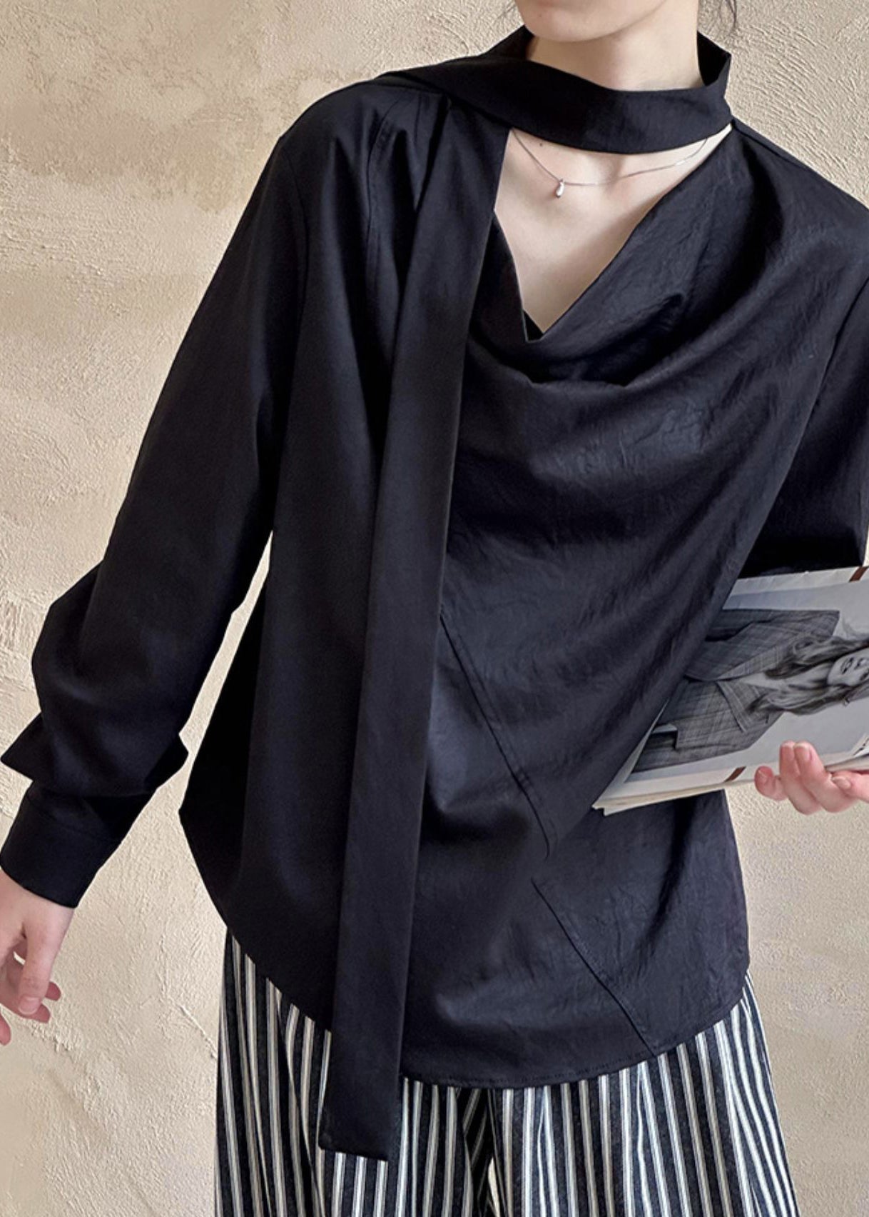 Black T ShirtTops Asymmetrical Long Sleeve