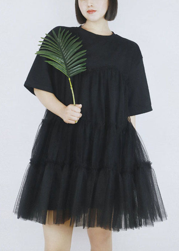 Black Tulle Patchwork Cotton a Line Dress O-neck Short Sleeve