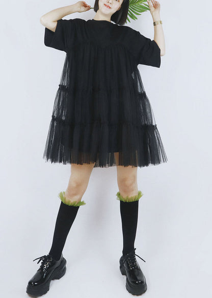 Black Tulle Patchwork Cotton a Line Dress O-neck Short Sleeve