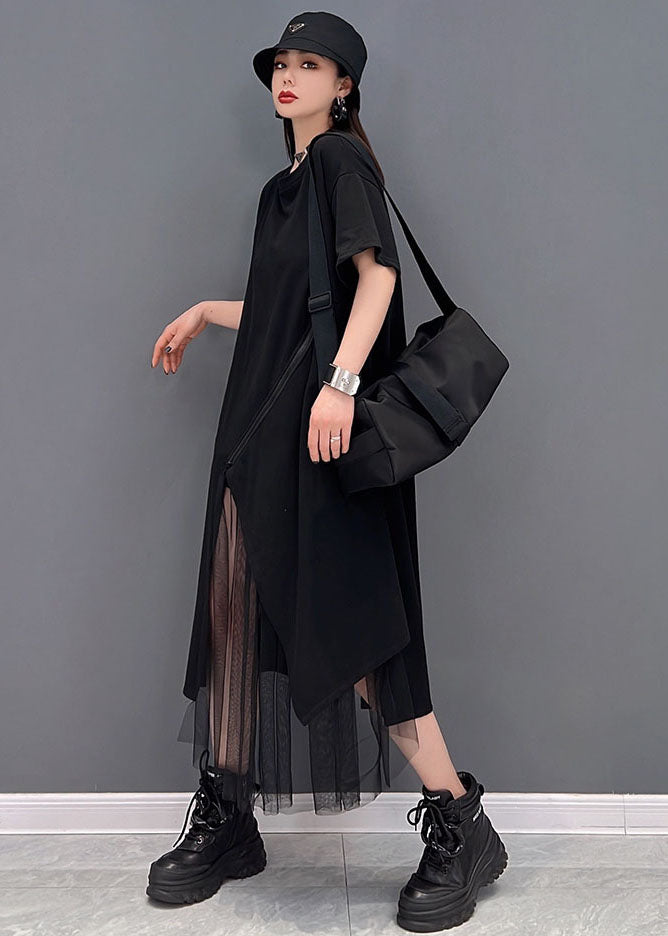 Black Tulle Patchwork Cotton Pullover Dresses Zip Up Short Sleeve