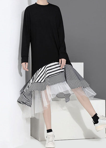Black Tulle Patchwork Holiday Dress O-neck Ruffles Asymmetrical Spring