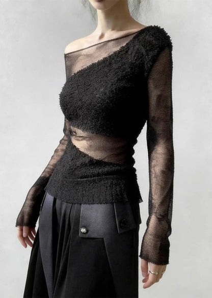 Black Tulle Patchwork Knit Sweater Cold Shoulder