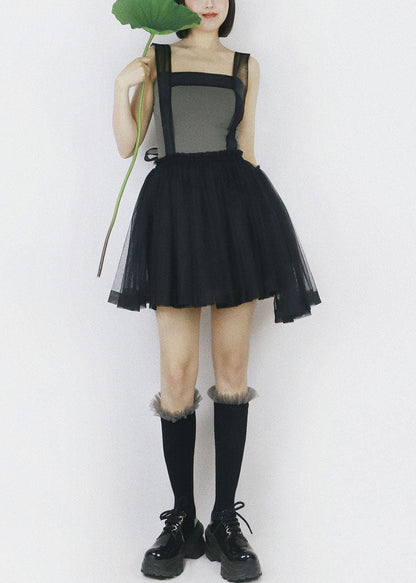 Black Tulle Strap Short Dress Color Elastic Waist Summer