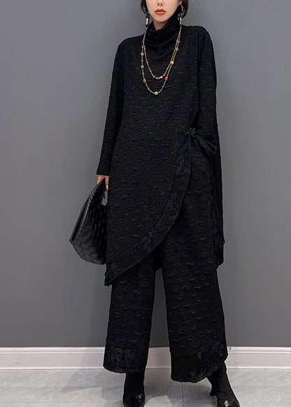 Black Turtleneck Asymmetrical Patchwork Top and Pants Two Pieces Set Fall