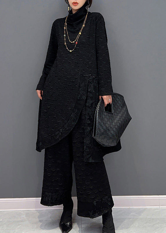 Black Turtleneck Asymmetrical Patchwork Top and Pants Two Pieces Set Fall