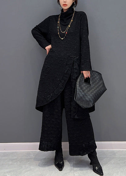 Black Turtleneck Asymmetrical Patchwork Top and Pants Two Pieces Set Fall