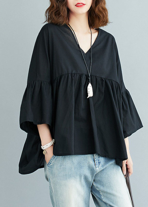 Mulberry V Neck Patchwork Asymmetrical Design Fall Top Three Quarter Sleeve
