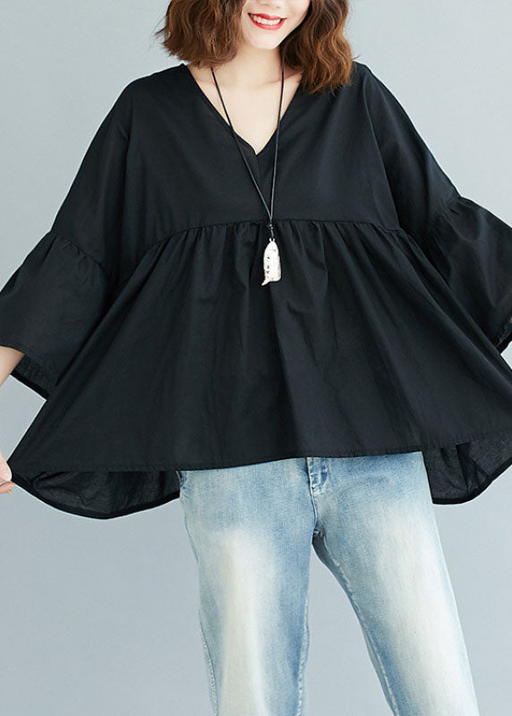Blue V Neck Patchwork Asymmetrical Design Fall Top Three Quarter Sleeve