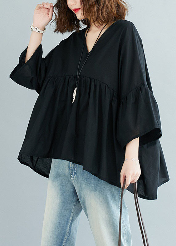 Green V Neck Patchwork Asymmetrical Design Fall Top Three Quarter Sleeve