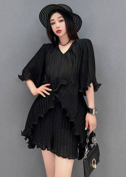 Black V Neck Ruffles Silk Top and Shorts Two Pieces Set Summer