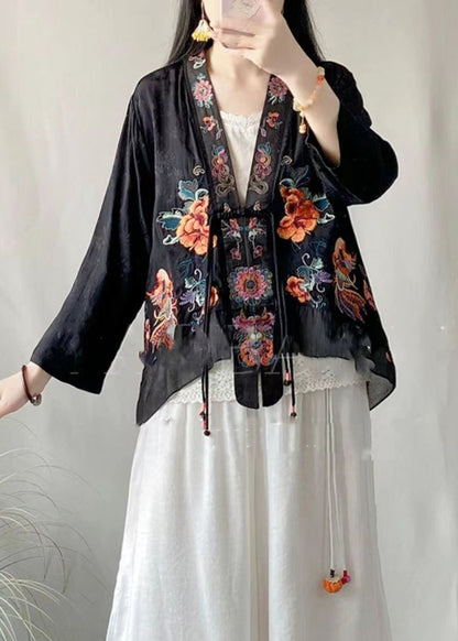 Black Linen Silk Cardigans Embroideried V Neck Tasseled Spring