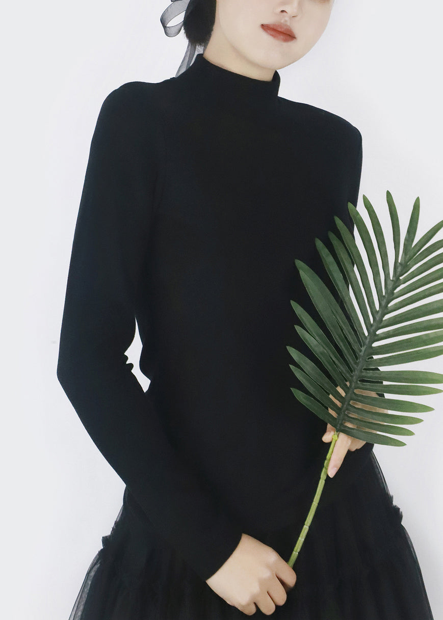 Black Warm Solid Winter T Shirts Turtleneck