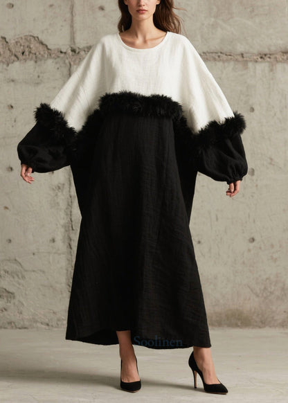 Black White Patchwork Faux Fur Robe Dresses Oversized Batwing Sleeve