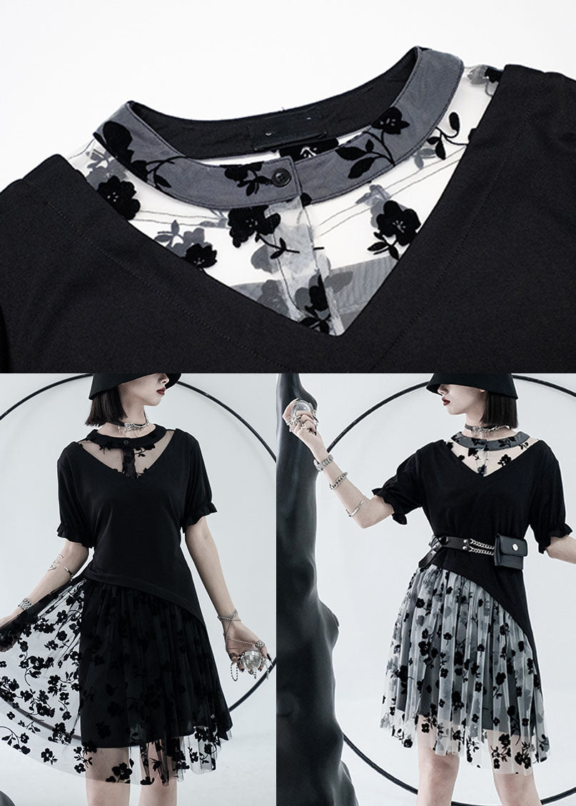 Black White Tulle Patchwork Cotton Dresses Print Short Sleeve