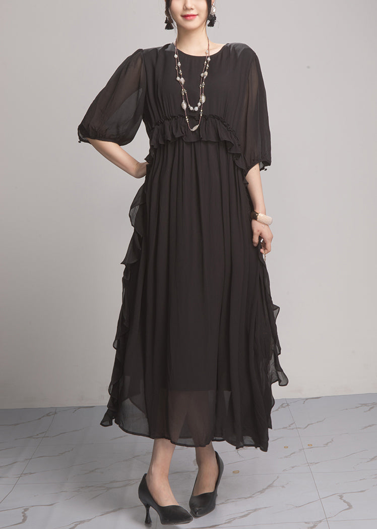 Black Wrinkled Chiffon Long Dresses O Neck Summer