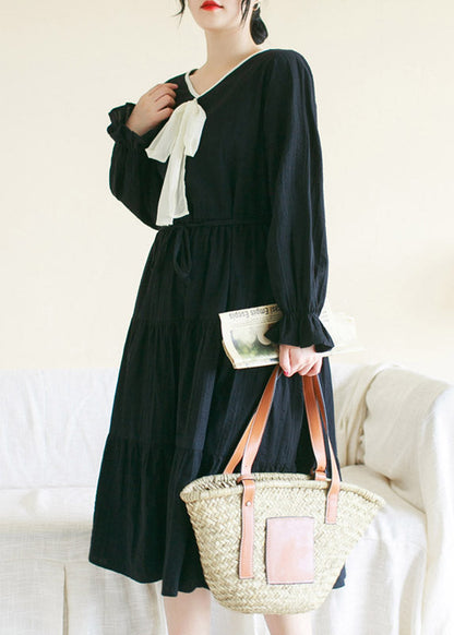 Black Wrinkled Cotton Long Dress Long Sleeve
