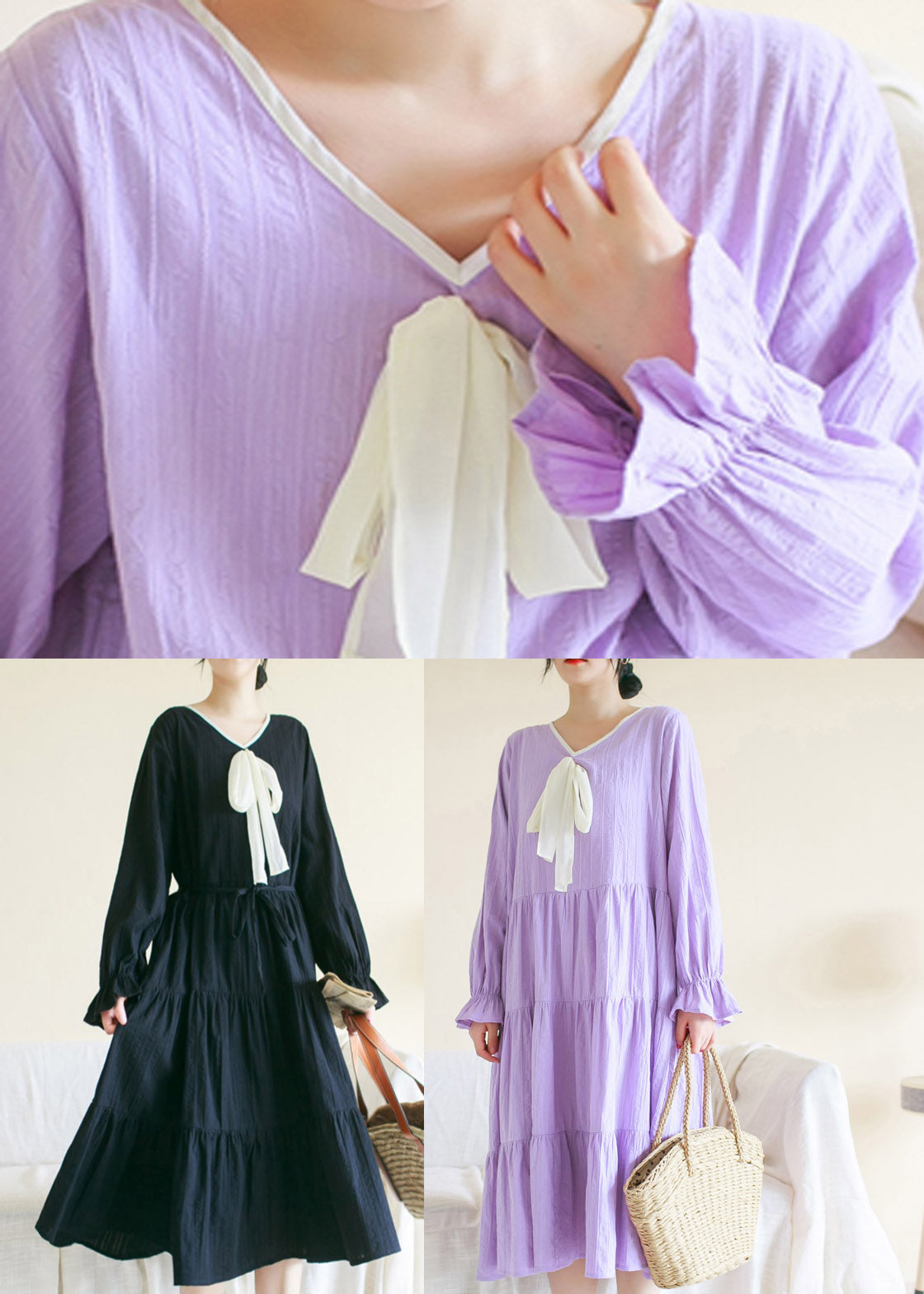 Black Wrinkled Cotton Long Dress Long Sleeve
