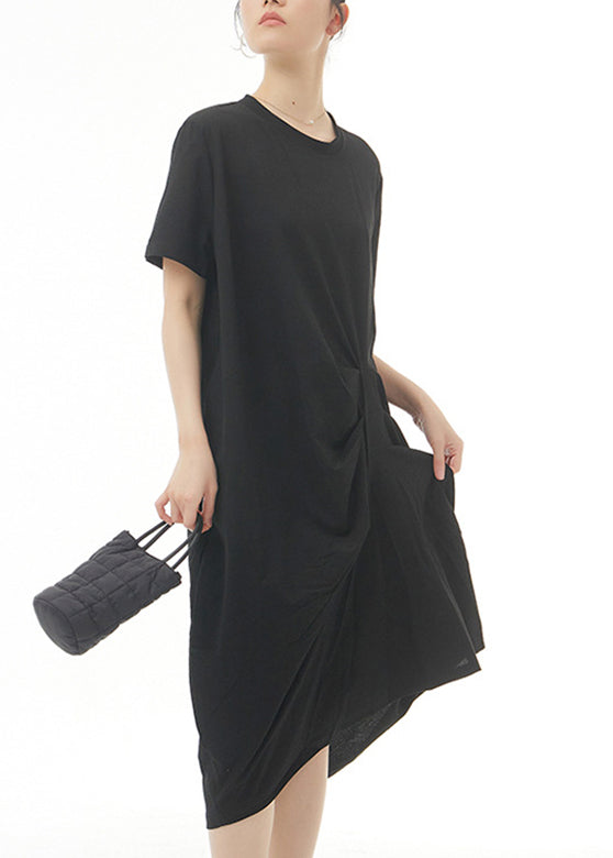 Black Wrinkled Cotton Long Dress Short Sleeve