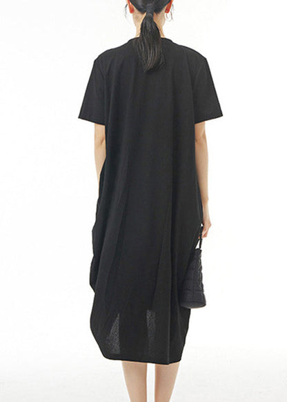 Black Wrinkled Cotton Long Dress Short Sleeve
