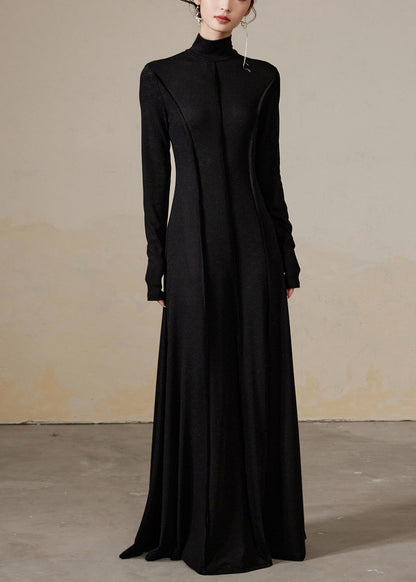 Black Wrinkled Cotton Long Dresses Turtleneck
