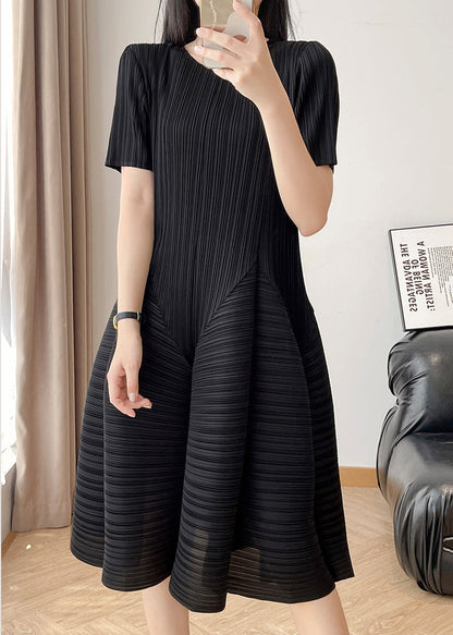 Black Wrinkled Cotton Summer Dress O Neck