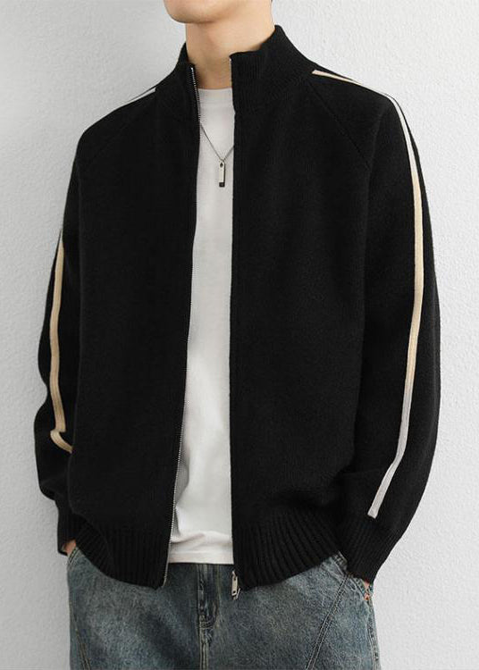 Black Zip Up Cozy Knit Sweater Tops Stand Collar
