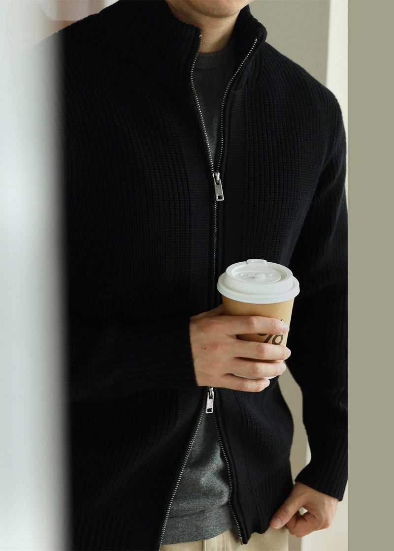 Black Zip Up Cozy Cotton Knit Coat Stand Collar