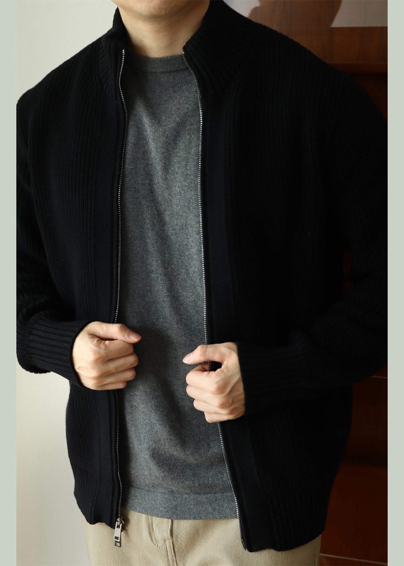 Black Zip Up Cozy Cotton Knit Coat Stand Collar