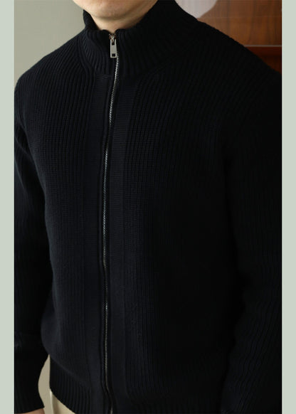 Black Zip Up Cozy Cotton Knit Coat Stand Collar