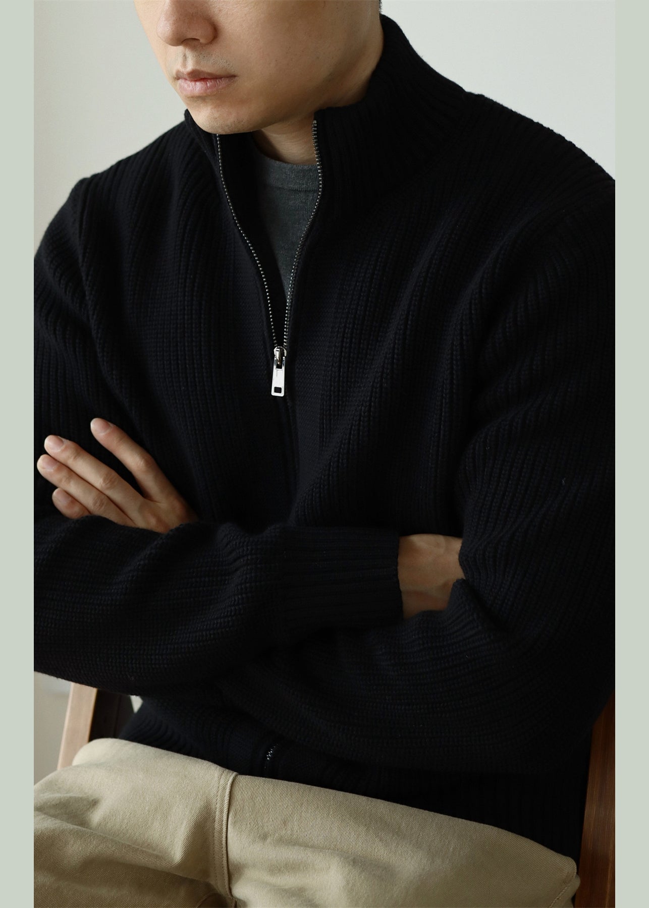 Black Zip Up Cozy Cotton Knit Coat Stand Collar
