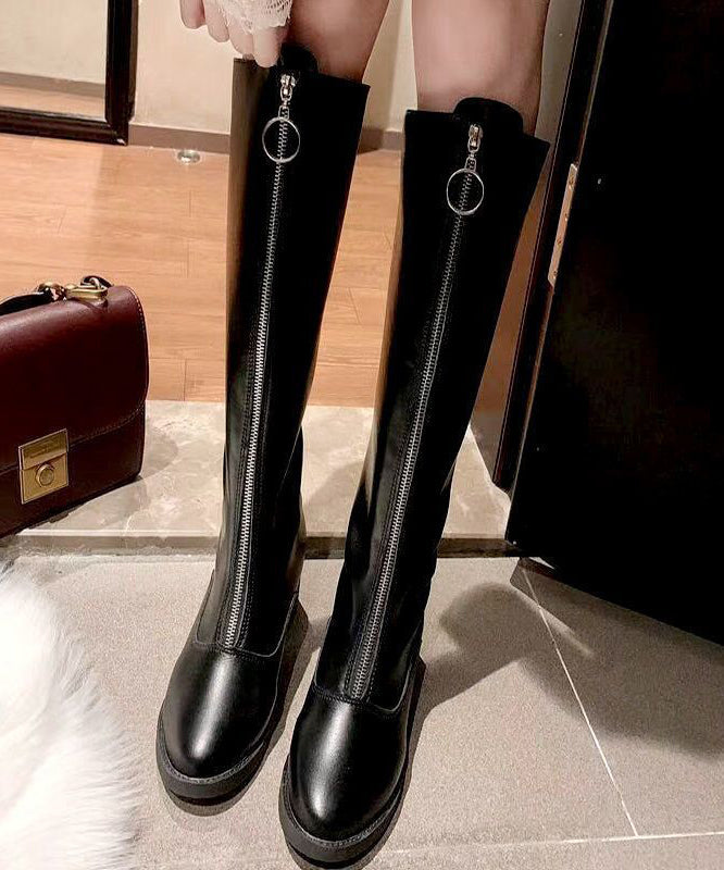 Black Zippered Cowhide Leather Knee Boots
