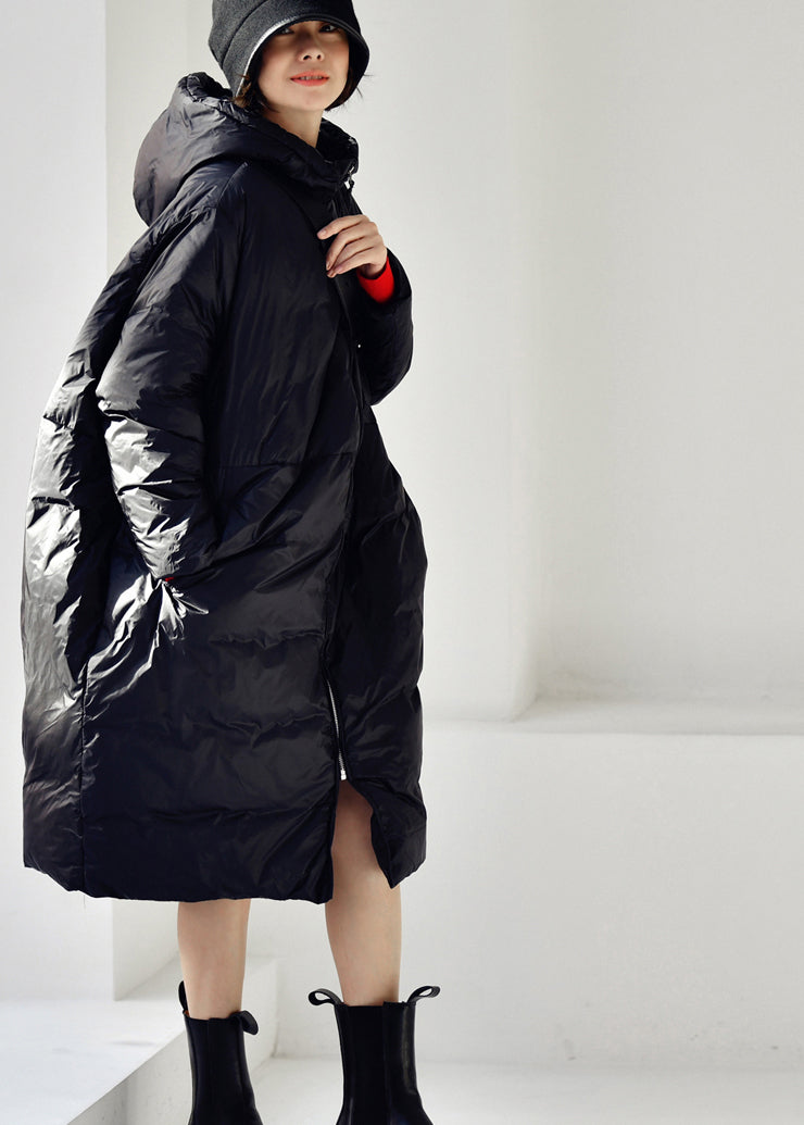Black Zippered Long Hooded Velvet Blend Down Coat Winter