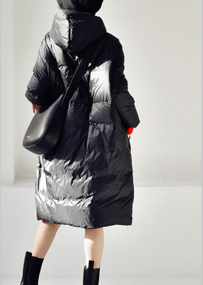 Black Zippered Long Hooded Velvet Blend Down Coat Winter