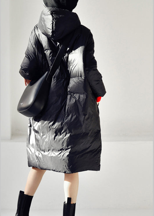Black Zippered Long Hooded Velvet Blend Down Coat Winter