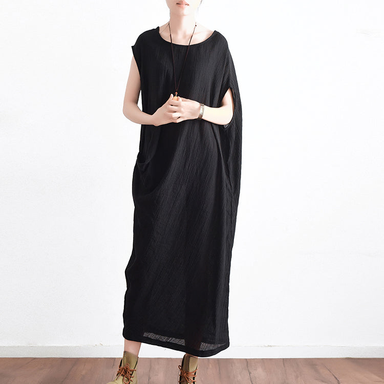Black Asymmetrical Baggy Linen Summer Dresses Oversized Sleeveless Cotton