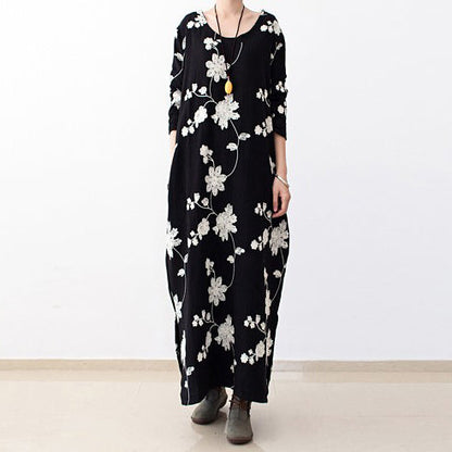 Black Embroidered Cotton Dresses Fall Caftans Long Cotton Maxi Dresses